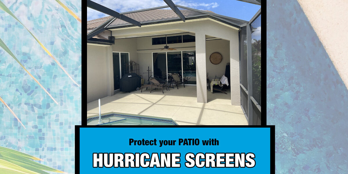retractable hurricane screens installed on a patio with pool