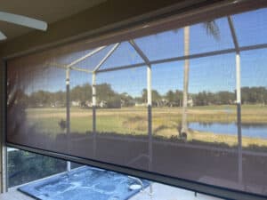 View through hurricane screens looking out to lake