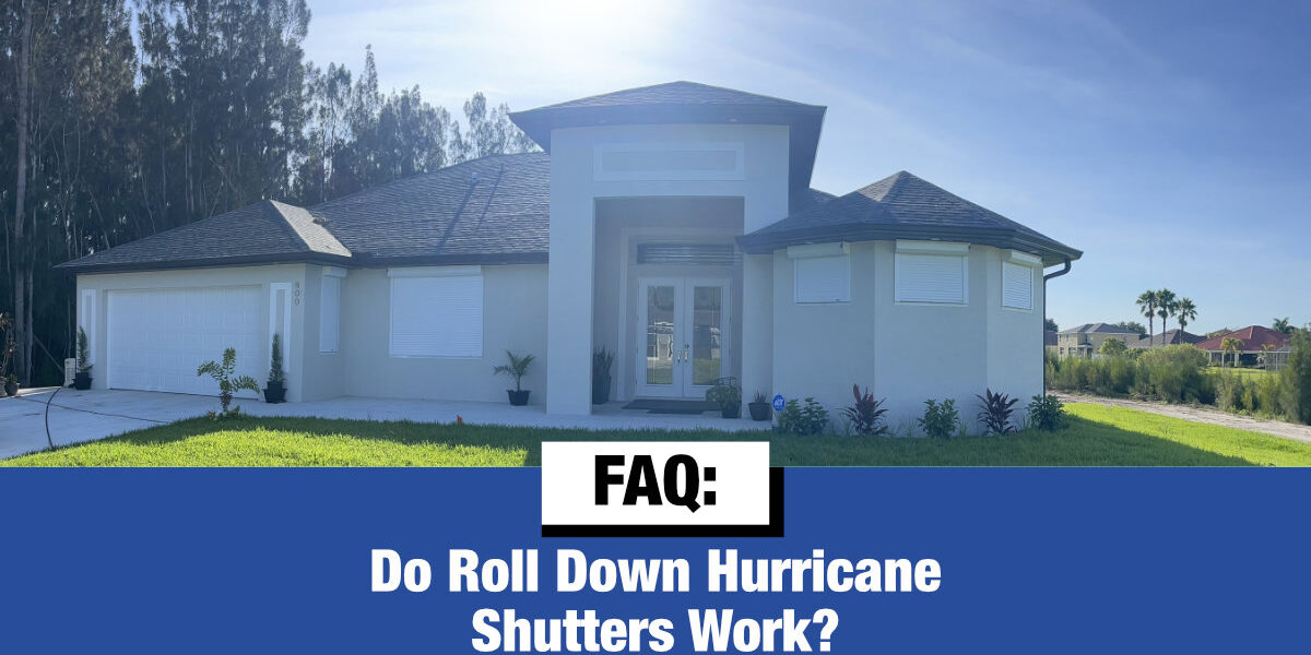 Do-Roll-Down-Hurricane-Shutters-Work Tan home with white roll down hurricane shutters in Lehigh Acres