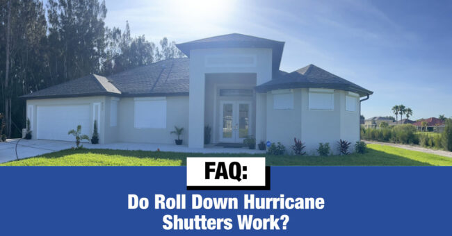 Tan home with white roll down hurricane shutters in Lehigh Acres