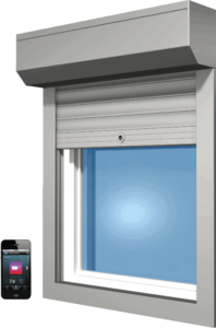 Aluminum roll down hurricane shutter shown on a window