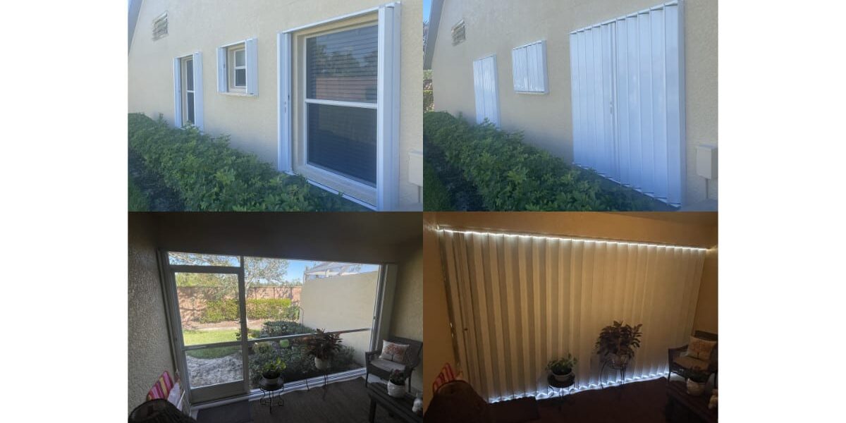 accordion-shutters-punta-gorda-fl White accordion shutters installed on a yellow home in Punta Gorda FL