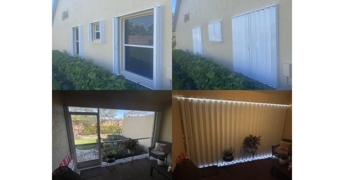 White accordion shutters installed on a yellow home in Punta Gorda FL