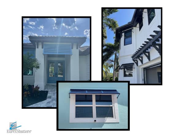 Half Bahama shutters shown on different homes in blue, navy blue and black