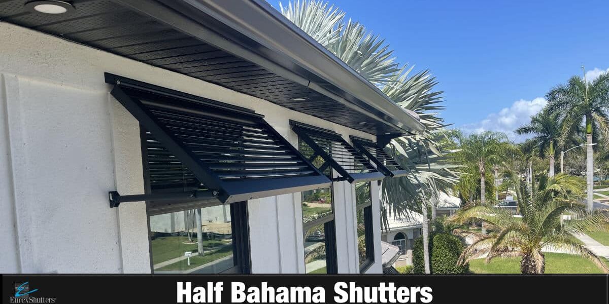 Black half bahama shutters on a white home in Southwest Florida