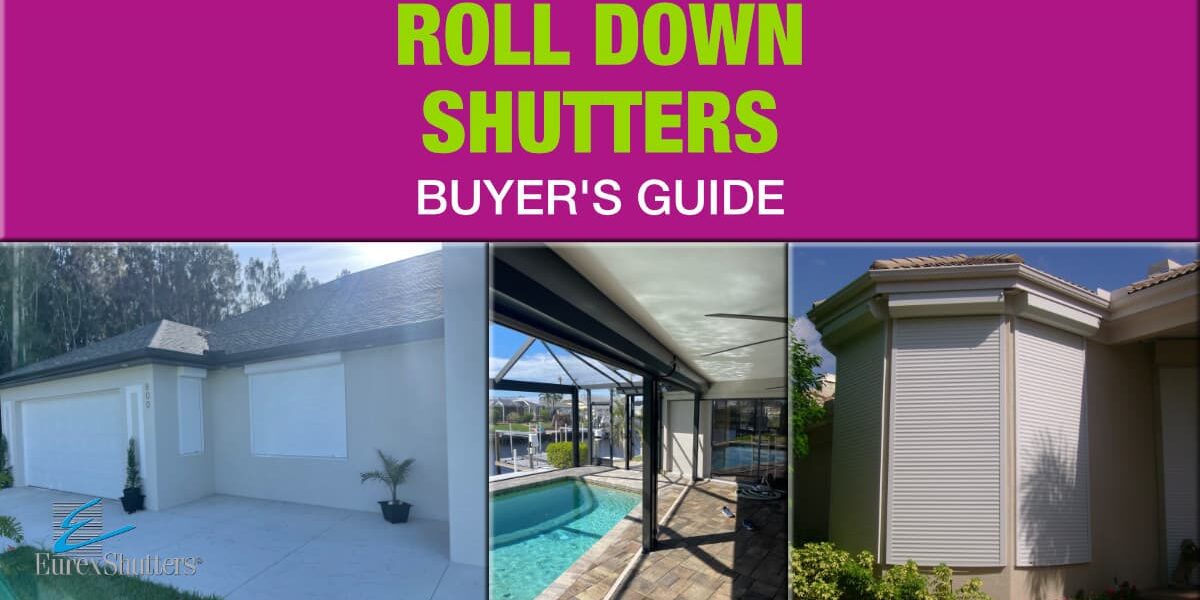 Three images of different roll down shutters with text "roll down shutters buyer's guide"