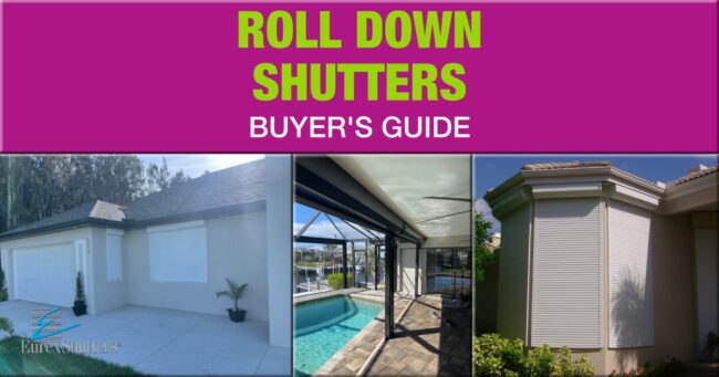 Three images of different roll down shutters with text "roll down shutters buyer's guide"