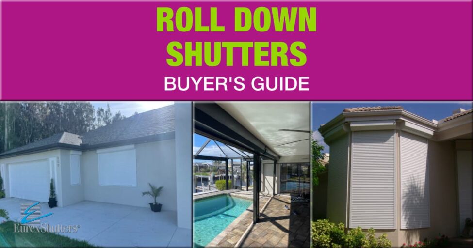 Three images of different roll down shutters with text "roll down shutters buyer's guide"