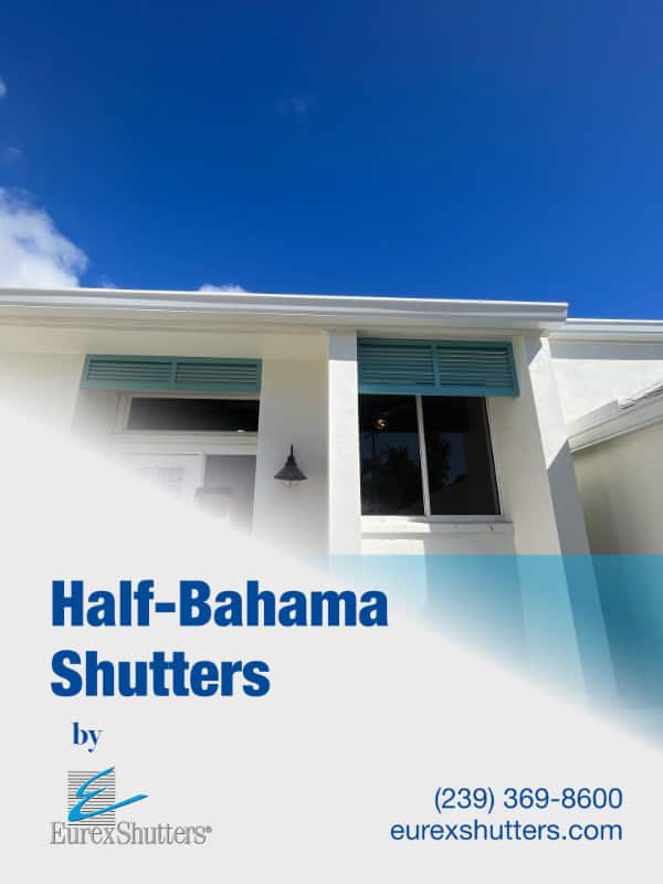 Half Bahama shutters shown installed over a window and entry door of a home.