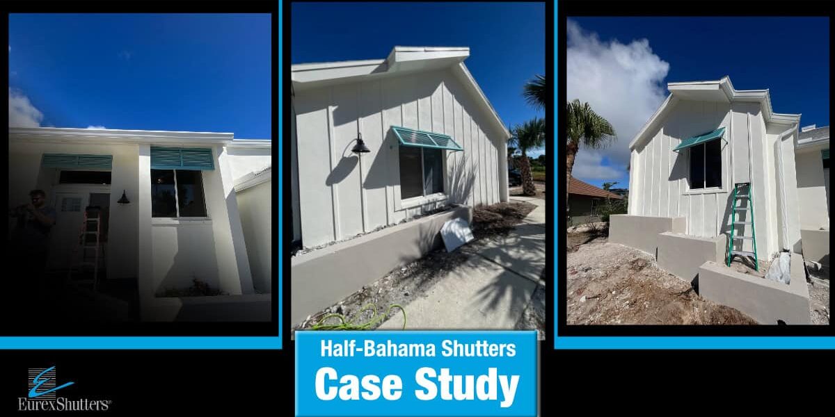 Pictures of half-Bahama shutters installed on a home in Sanibel, Florida with the text "Half Bahama shutters case study"