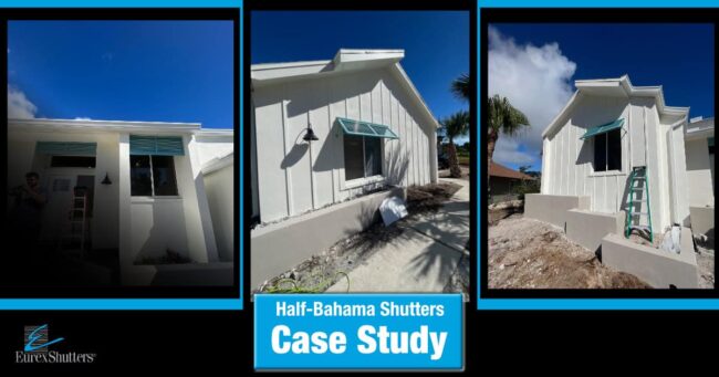 eurex blog post featured image Pictures of half-Bahama shutters installed on a home in Sanibel, Florida with the text "Half Bahama shutters case study"