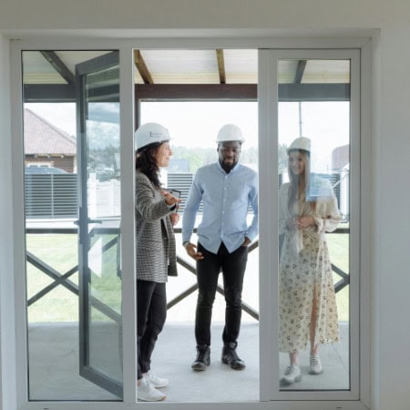 Homeowners inspecting new impact doors at house after installation