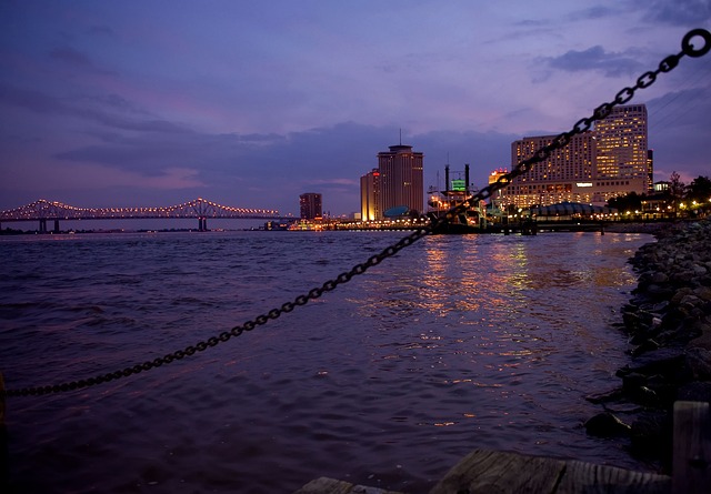 Downtown New Orleans at night on the Gulf of Mexico