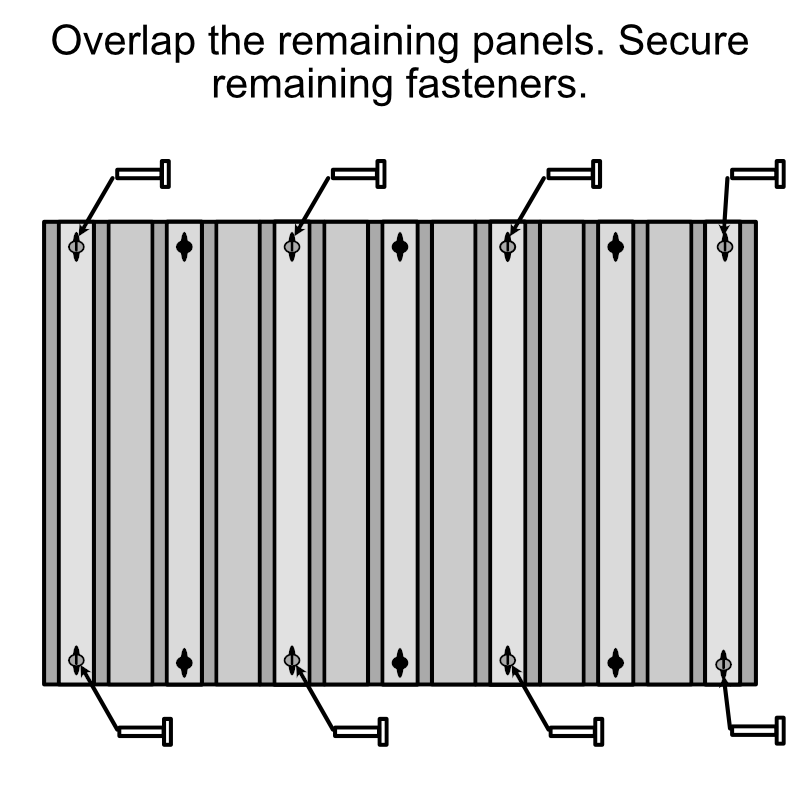 overlap the remaining panels and secure the fasteners in place.