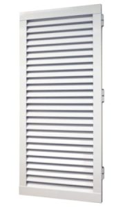 Close-up product view of a white, colonial hurricane shutter