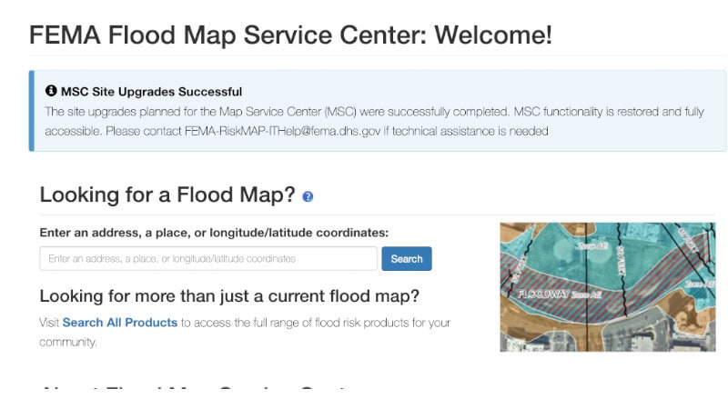 FEMA Flood Map Service Center page screenshot