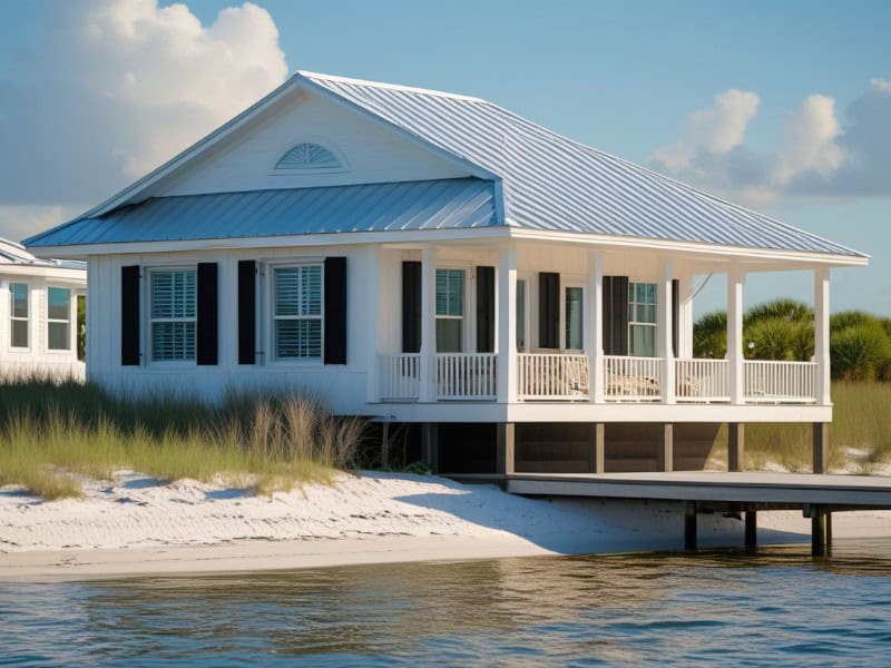 Black Colonial shutters on a waterfront home.