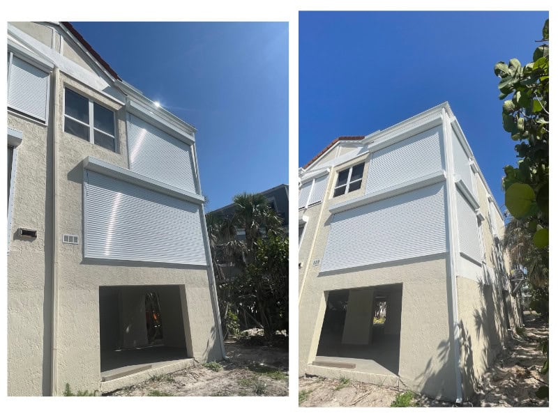 White roll down shutters on a home in Sanibel Florida