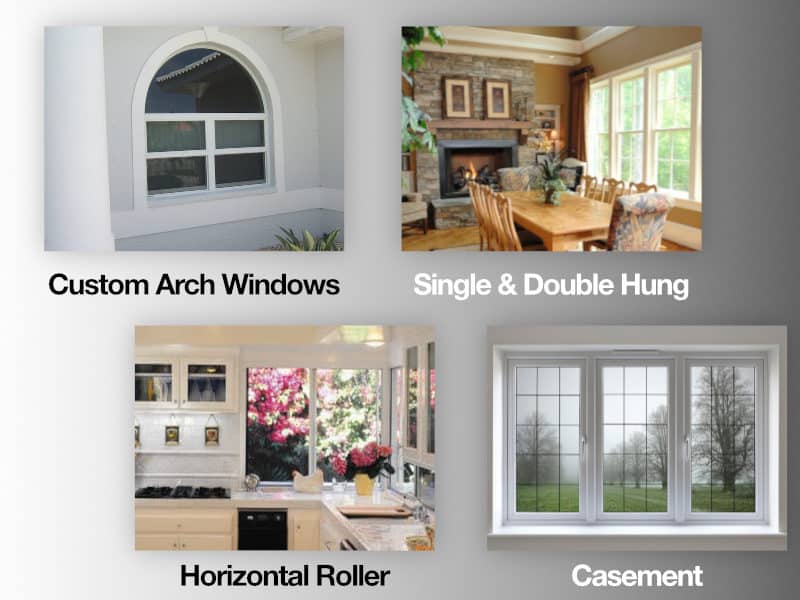 Different types of window sashes (window types) are shown, including arch windows, single hung, double hung, horizontal roller, and casement windows.