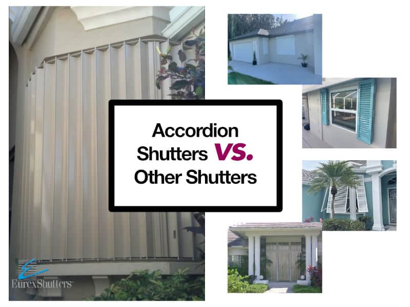 Accordion shutters vs other shutters. Pictured include roll down shutters, colonial shutters, Bahama shutters, storm panels.