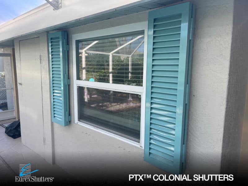 Custom Eurex Shutters PTX™ Colonial Shutters powder coated in custom blue.