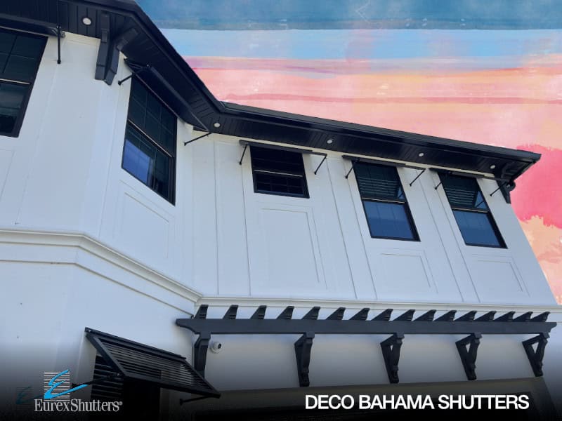Custom Eurex Shutters Deco Bahama Shutters powder coated in black.
