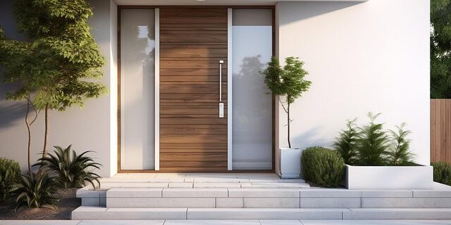 Impact front door of a white home with vegetation.