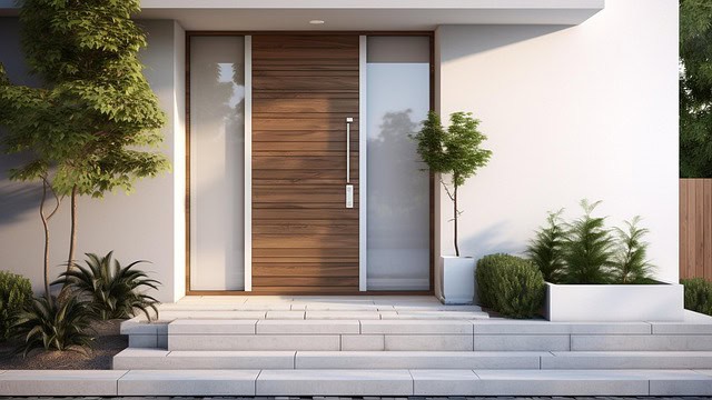 impact-front-door-modern-sidelights Impact front door of a white home with vegetation.